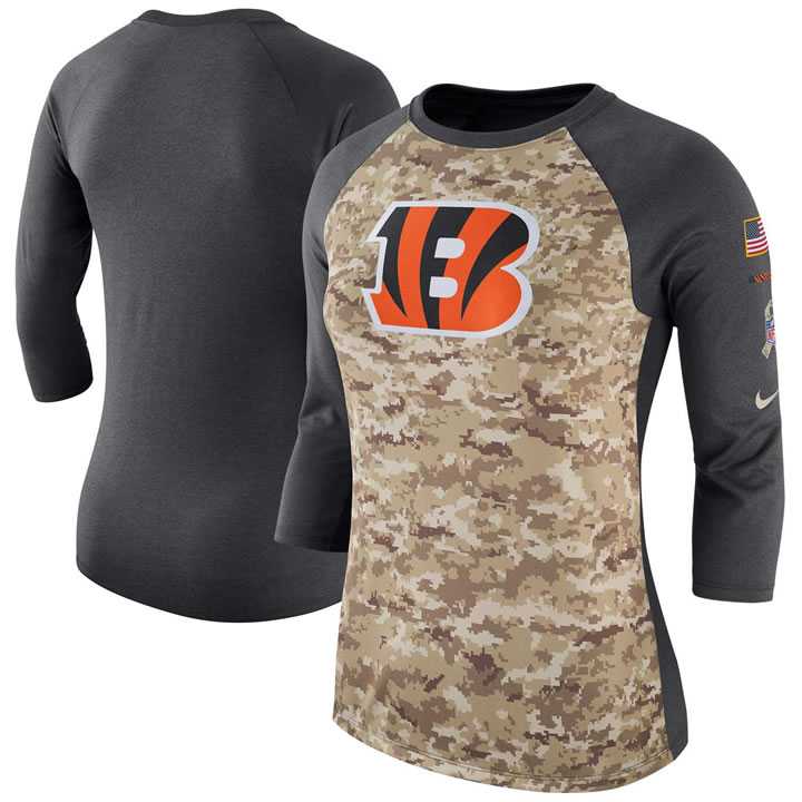 Women Cincinnati Bengals Nike Camo Charcoal Salute to Service Legend Three-Quarter Raglan Sleeve T-Shirt 90Hou